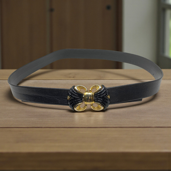 Vintage 1980's Tempo Designs Black Leather Belt Gold Double Modernist Buckle - Picture 2 of 5